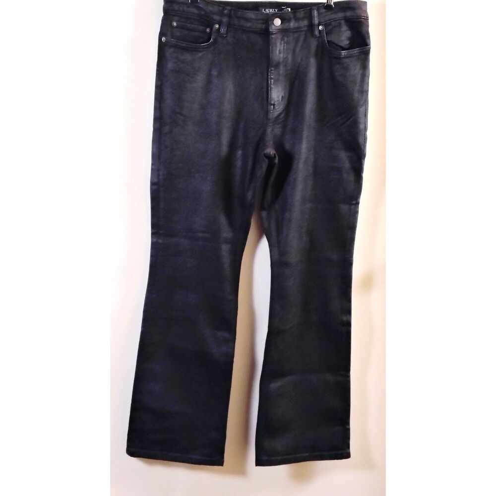 Lauren Ralph Lauren Coated Black Jeans 16 Waxed Leather Look Wide LRL 5 Pocket - Picture 3 of 12